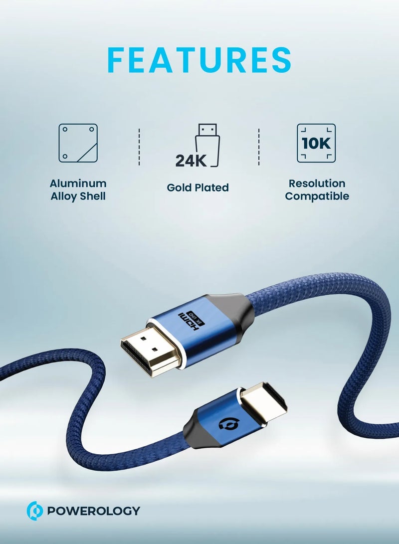Powerology 8K HDMI Braided Cable 3M, 24K Gold Plated Connector, Supports 10K Resolution, Portable & LightWeight Compatible with TV, MacBook Pro 2021 Nintendo Switch PS3/4 /5 PC Laptop - Dark Blue - Image 4