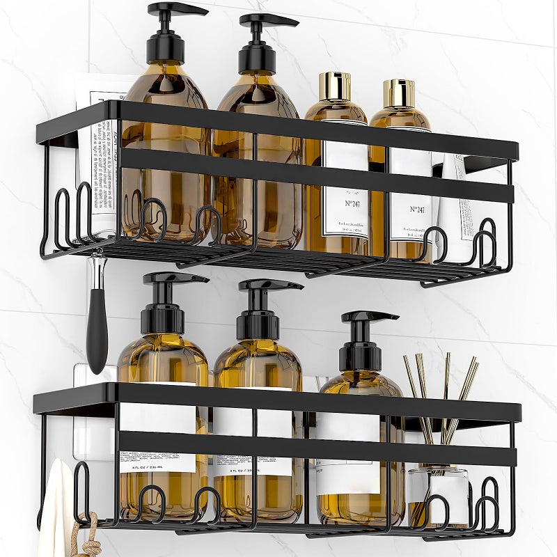 WOWBOX Shower Caddies 2 Pack Adhesive Hanging Shower Shelf Bathroom Kitchen Organizers and Storage No Drilling Stainless Shower Shelves for Home Decor Storage Large Black