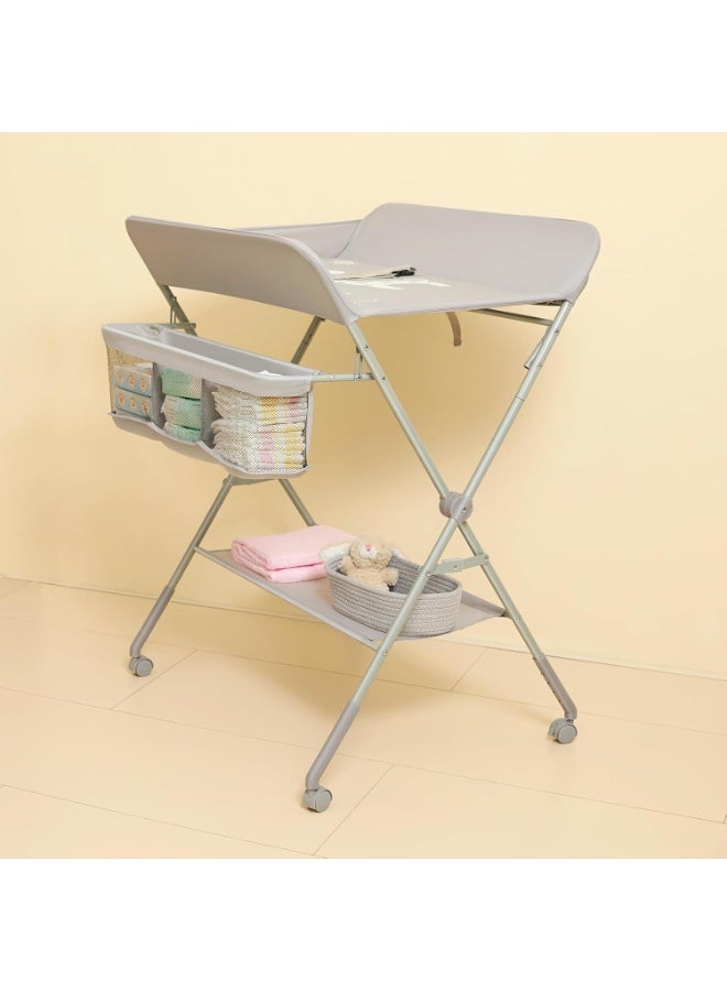 غوغويا طاولة تغيير حفاضات الأطفال مع عجلات، محطة تغيير حفاضات محمولة مع 4 مستويات لتعديل الارتفاع ورف تخزين للأطفال حديثي الولادة والرضع، رمادي - Image 1