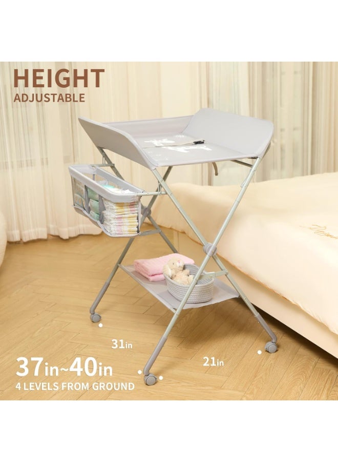 غوغويا طاولة تغيير حفاضات الأطفال مع عجلات، محطة تغيير حفاضات محمولة مع 4 مستويات لتعديل الارتفاع ورف تخزين للأطفال حديثي الولادة والرضع، رمادي - Image 3