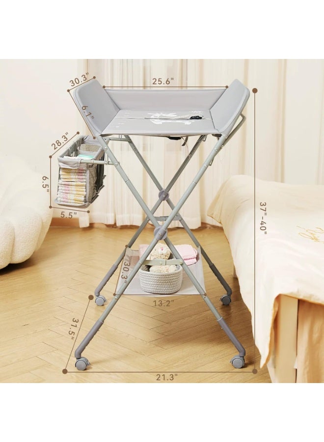 غوغويا طاولة تغيير حفاضات الأطفال مع عجلات، محطة تغيير حفاضات محمولة مع 4 مستويات لتعديل الارتفاع ورف تخزين للأطفال حديثي الولادة والرضع، رمادي - Image 5