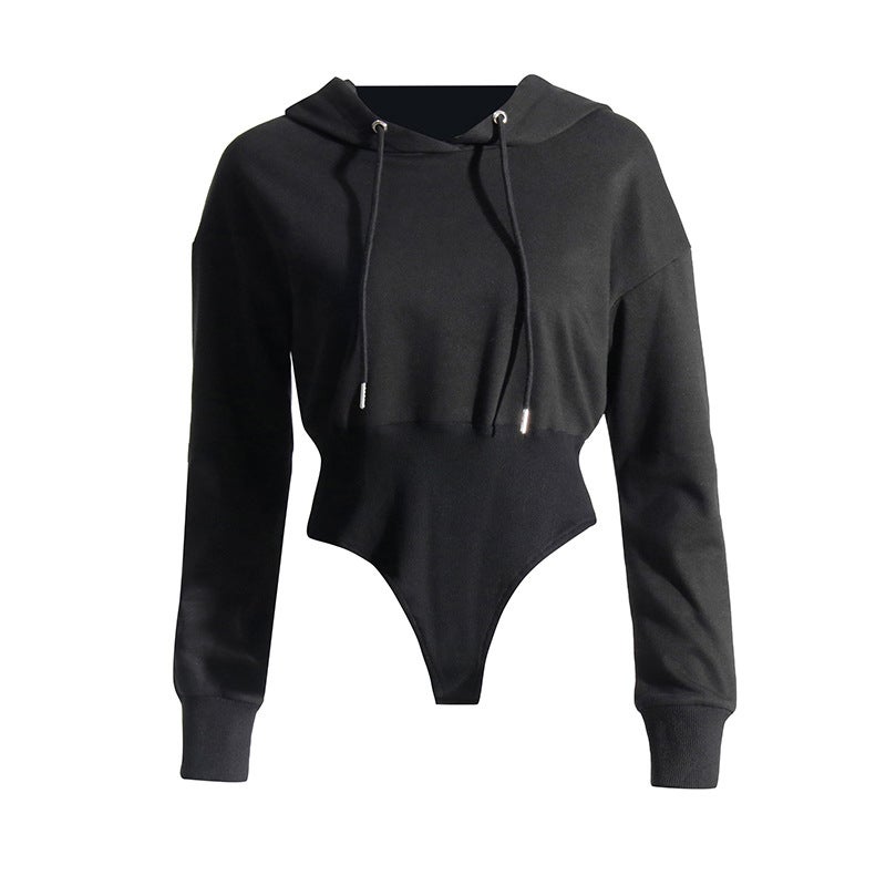 Street hipster personalized 2024 spring drawstring hooded collar long sleeve one-piece design solid color womens waist-tight sweater Black