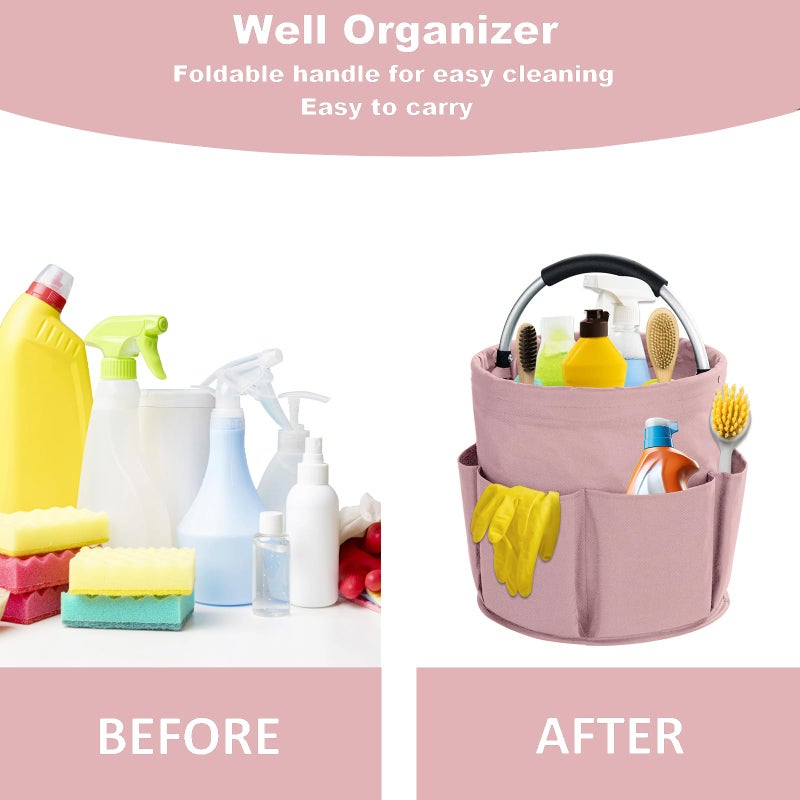 abcmilz 17L Cleaning Caddy with Handle, Cleaning Supplies Organizer, Foldable Storage Basket, Cleaning Supply Caddy, Portable Multi Cleaning Bucket Bag for Home, Garden (Pink) - Image 3