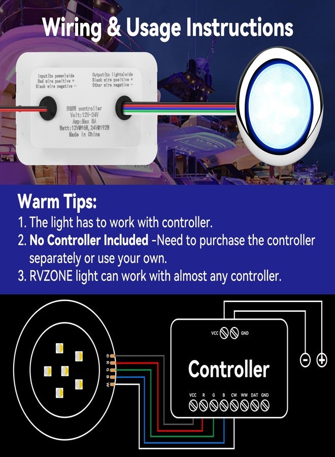 RVZONE مصابيح RVZONE RGBW مقاس 3 بوصات للقوارب، مصابيح LED بحرية مقاومة للماء بمعيار IP68، مصابيح من الفولاذ المقاوم للصدأ، إضاءة داخلية للقارب، إضاءة سطح المقصورة، مناسبة لصيد الأسماك الليلي (عبوة من 4 قطع) - Image 2