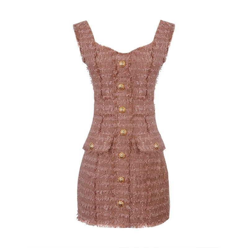 Women's Strap Dress with Gold Buttons, Slim Fit Bodycon Mini Dress - Image 1