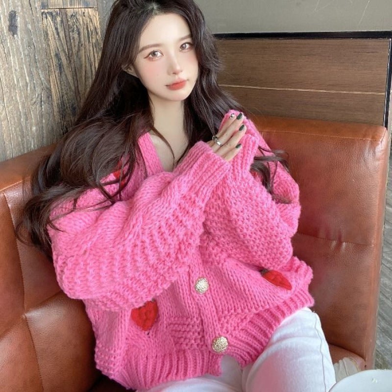 Loose Womens Knitted Open Cardigan Spring 2024 Design Sensation Berries 3D Hook Flower Sweet Versatile Sweater Jacket Green  - Image 2
