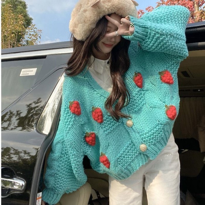 Loose Womens Knitted Open Cardigan Spring 2024 Design Sensation Berries 3D Hook Flower Sweet Versatile Sweater Jacket Green  - Image 1