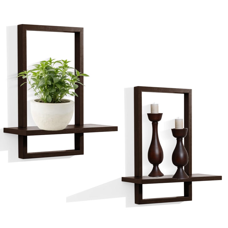 PHOENANCEE Square Floating ShelvesWall Plants HolderBathroom Wall DecorFramed Decorative Shelf BlackModern Chic Set of 2 for Living Room Bedroom Home OfficeSoild WoodLSWalnut - Image 2