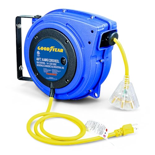 GOODYEAR بكرة سلك كهربائي GOODYEAR طويلة جداً 40 قدم 14AWG 3C SJTOW، موصل ثلاثي، ثقيلة التحمل، توقف ببطء عند أي نقطة - Image 1