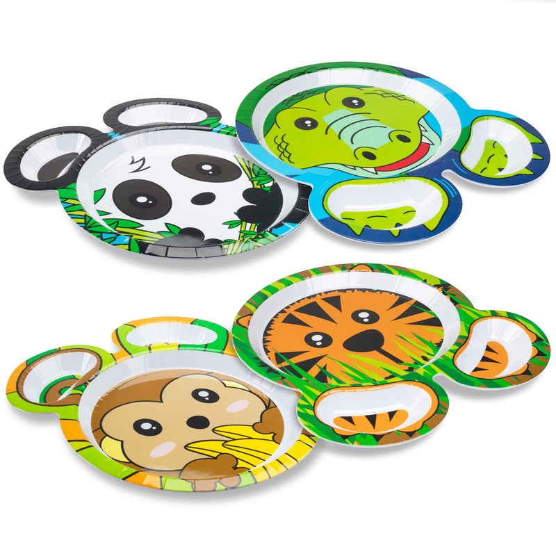 Bentology Zoo Friends Mealtime Melamine Feeding Plates  Set of 4 Different Cute Animal Pal Dishes for Kids  Panda Alligator Tiger  Monkey  Divided Compartments BPA Free  Gift for Toddlers
