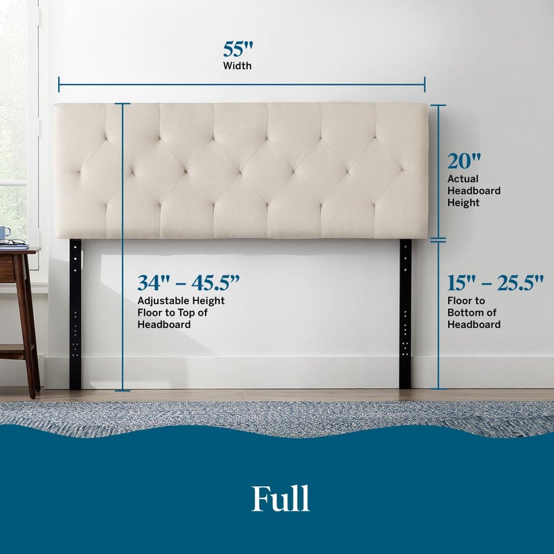Lucid Mid-Rise Upholstered Headboard - Diamond Tufted - Padded Polyester - Adjustable Height from 34â€ to 46â€ - Easy Assembly - Bed Frame or Wall Mount - Sturdy - Pearl - Full / Full XL Size - Image 2