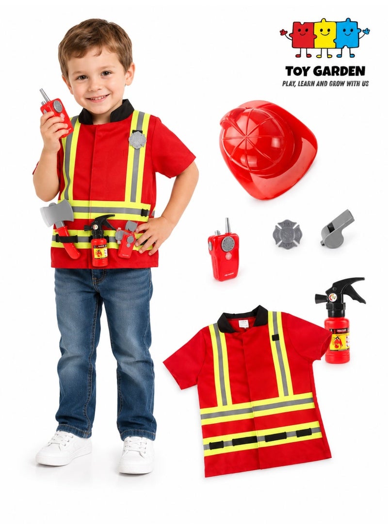 TOY GARDEN Firefighter Costume Set for Kids | Fireman Role Play Outfit with Jacket, Cap, Toy Fire Axe & Accessories | Preschool Boys and Girls Dress-Up Costume Set for Halloween, School Events, and Pretend Play | Costumes, Reenactment & Theater Toys - Image 1