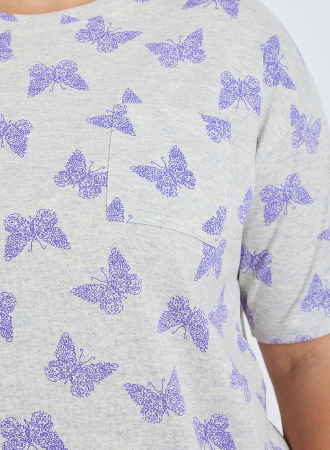 Styli Plus Size Cream Printed T-Shirt and Pyjama Set - Image 3