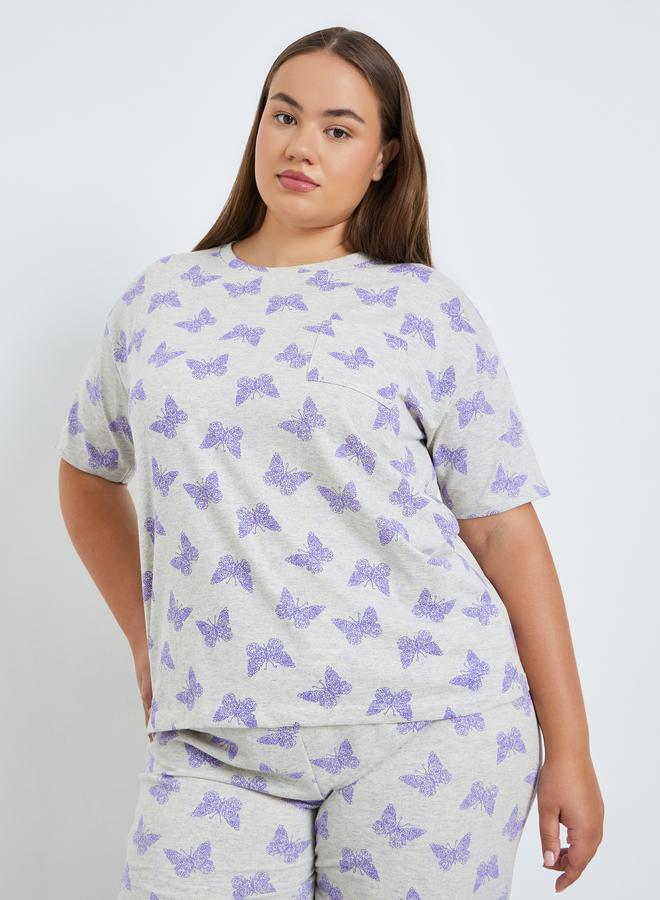Styli Plus Size Cream Printed T-Shirt and Pyjama Set - Image 2