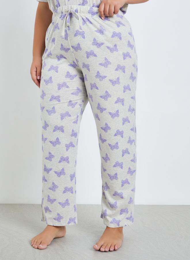 Styli Plus Size Cream Printed T-Shirt and Pyjama Set - Image 4