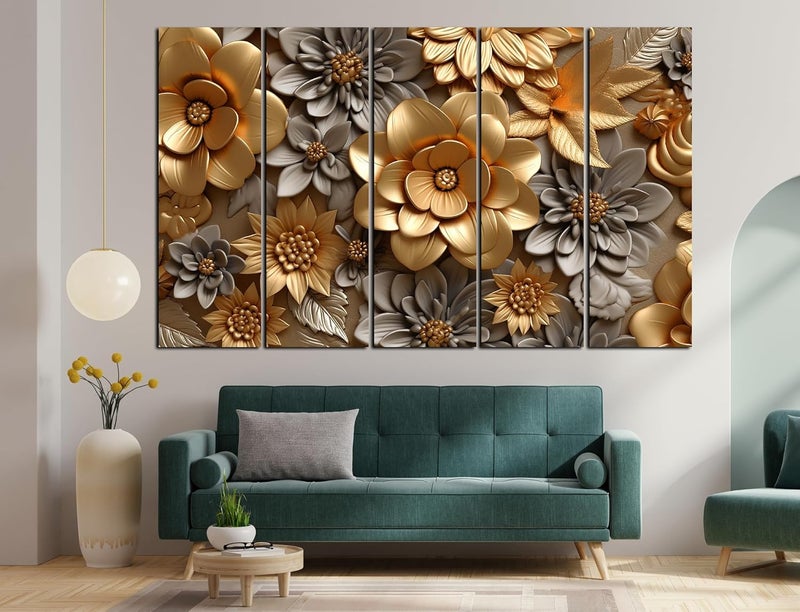 CN RETAILS Modern Art Flower 3D Wall painting Big Size setof 5 48x30 Wall Art for BedroomDrawing roomHotelsWooden FramedDigital Painting ss13_08 - Image 1