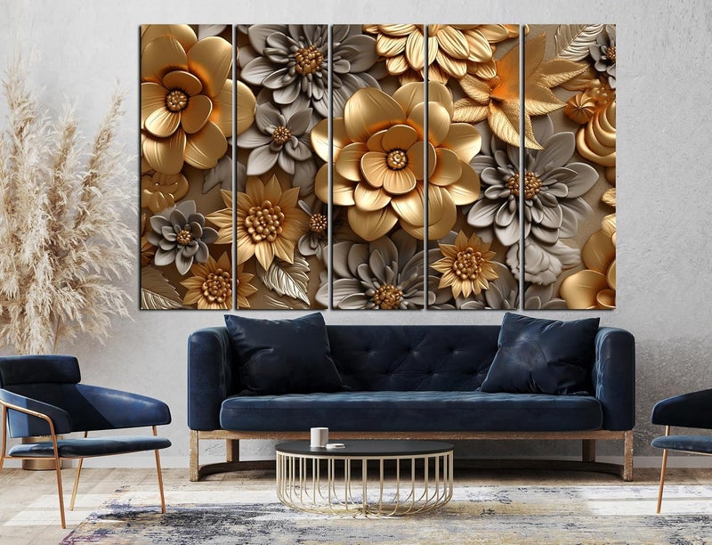 CN RETAILS Modern Art Flower 3D Wall painting Big Size setof 5 48x30 Wall Art for BedroomDrawing roomHotelsWooden FramedDigital Painting ss13_08 - Image 2