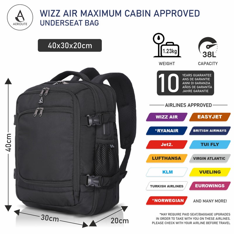 Aerolite Aerolite 40x30x20 Wizz Air Maximum Size Backpack Eco-Friendly Cabin Luggage Approved Travel Carry On Holdall Shoulder Bag Flight Rucksack with YKK Zippers 5 Year , Backpack Black, (BPMAX503)  - Image 2