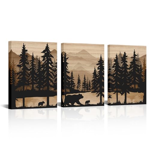 WELMECO Rustic Cabin Decor Bear Wall Art Framed Canvas Art Farmhouse Bedroom Bathroom Living Room Decor 12x16 x 3Pieces - Image 1