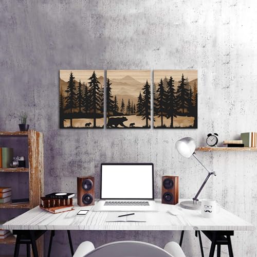 WELMECO Rustic Cabin Decor Bear Wall Art Framed Canvas Art Farmhouse Bedroom Bathroom Living Room Decor 12x16 x 3Pieces - Image 3