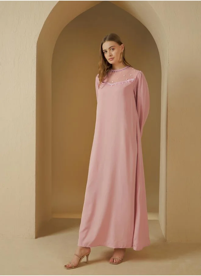 Styli Embellished Round Neck Mesh Insert A-Line Jalabyia