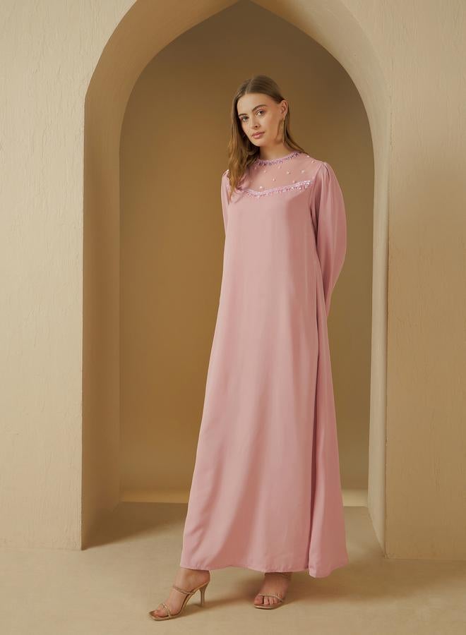 Styli Styli Embellished Round Neck Mesh Insert A-Line Jalabyia  - Image 3