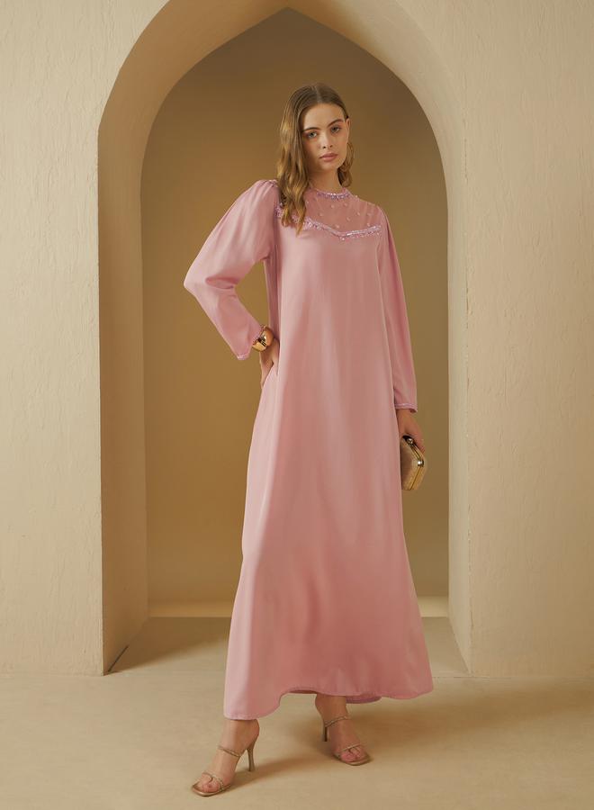 Styli Styli Embellished Round Neck Mesh Insert A-Line Jalabyia  - Image 1