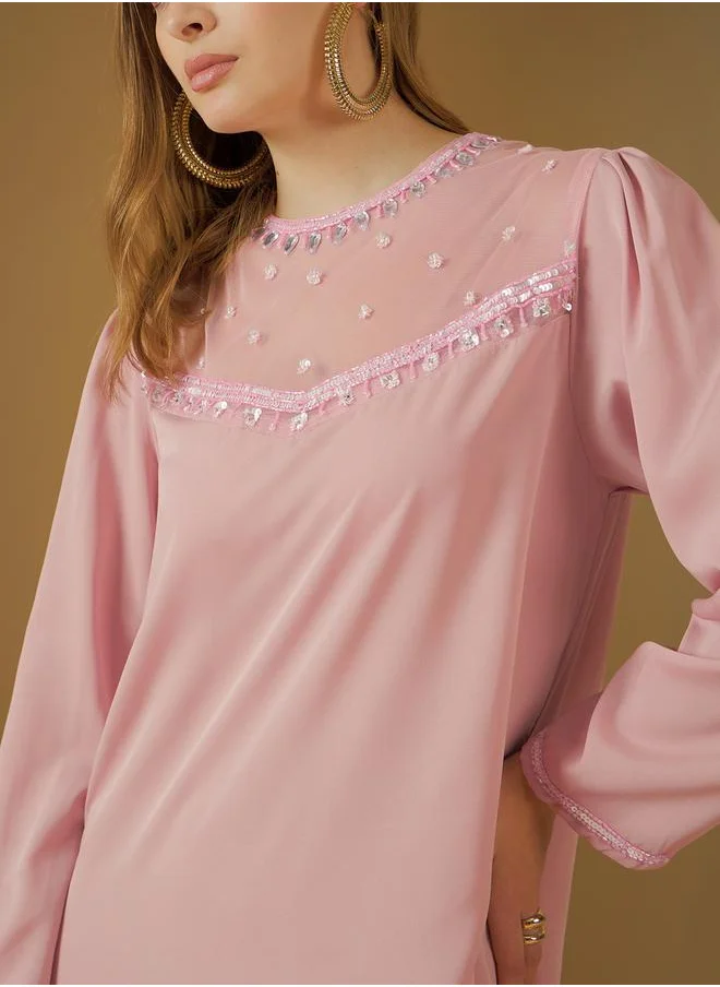 Styli Embellished Round Neck Mesh Insert A-Line Jalabyia