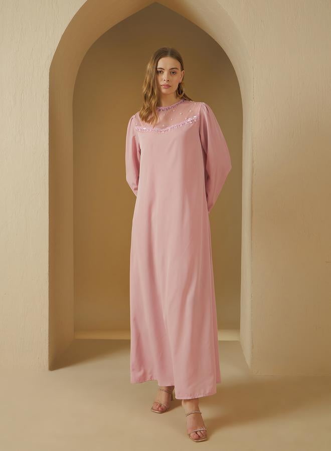 Styli Styli Embellished Round Neck Mesh Insert A-Line Jalabyia  - Image 2