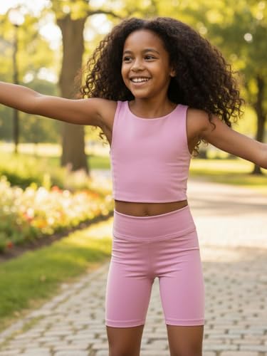 WELAKEN Girls 2 Piece Athletic Outfits Kids Yoga Crop Tank Top Biker Shorts SetsPink5T - Image 3
