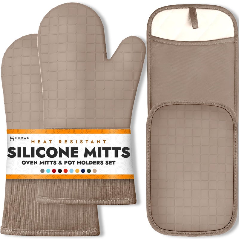 Homwe Silicone Oven Mitts And Pot Holders  4-Piece Set  Heavy Duty Cooking Gloves  Kitchen Counter Safe Trivet Mats  Advanced Heat Resistance (Beige  Oven Mitt & Pot Holder)