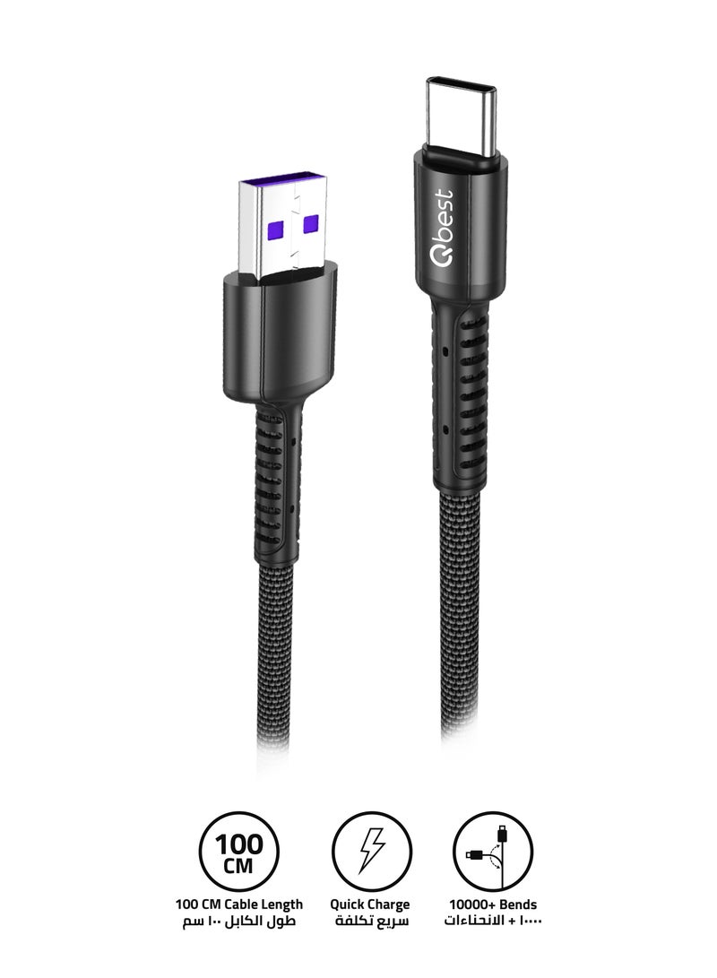 Qbest 6A Nylon USB to Type C Data Cable 1M – High-Speed Data Transfer, Quick Charge, Durable Design - Black - Image 1
