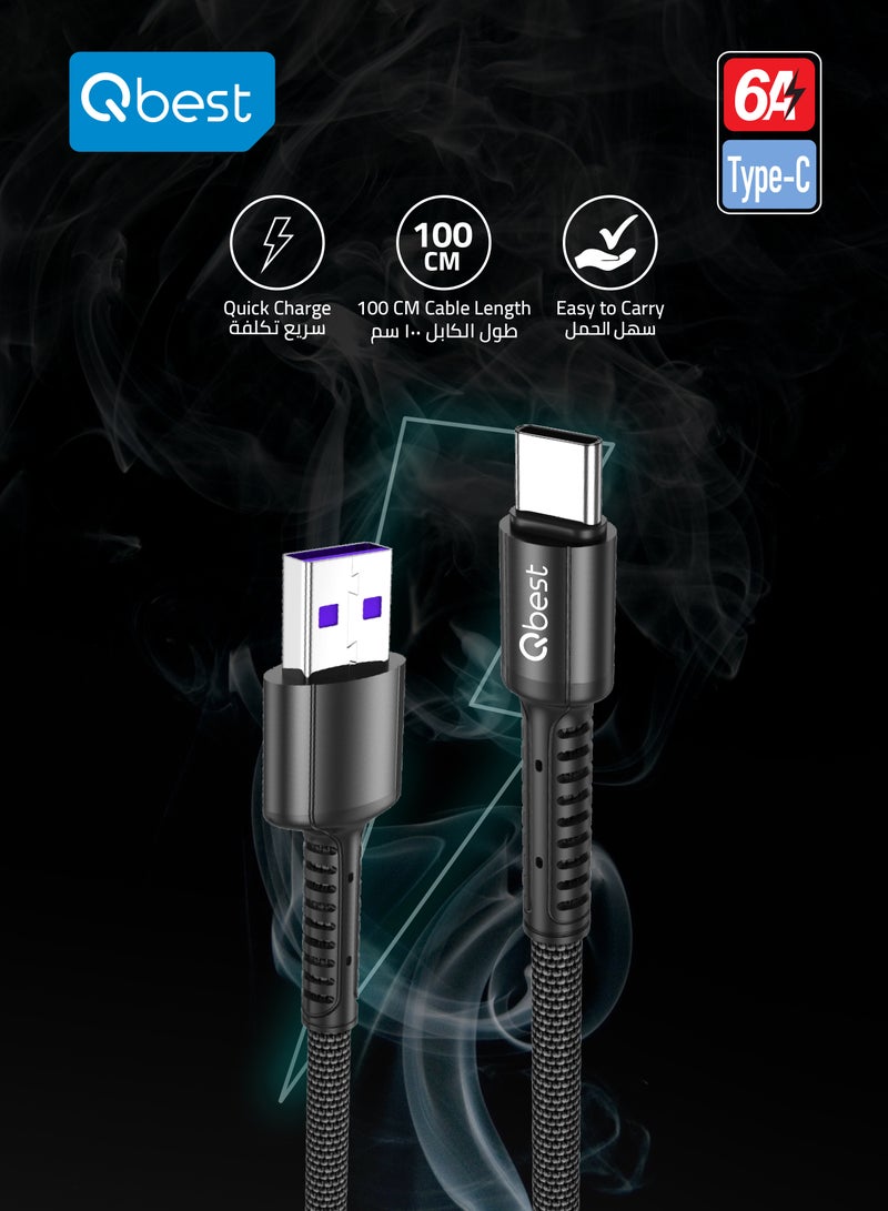 Qbest 6A Nylon USB to Type C Data Cable 1M – High-Speed Data Transfer, Quick Charge, Durable Design - Black - Image 5