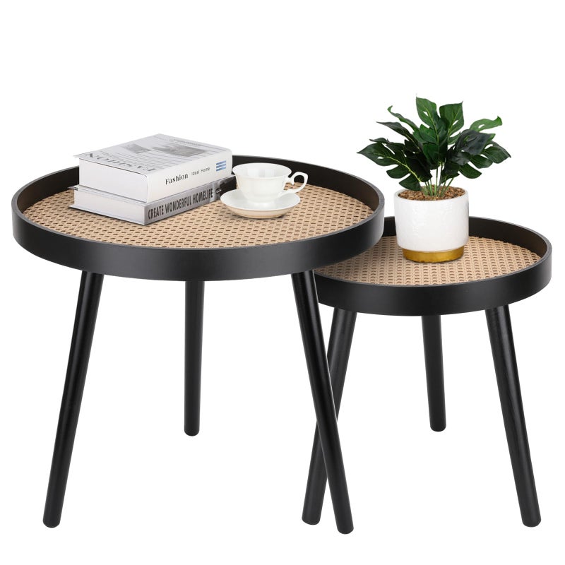 Rattan Round Side Table Black Small End Table Accent Table Modern Boho Bedside Table MidCentury Patio Side Table End Tables for Living Room Bedroom Office Balcony