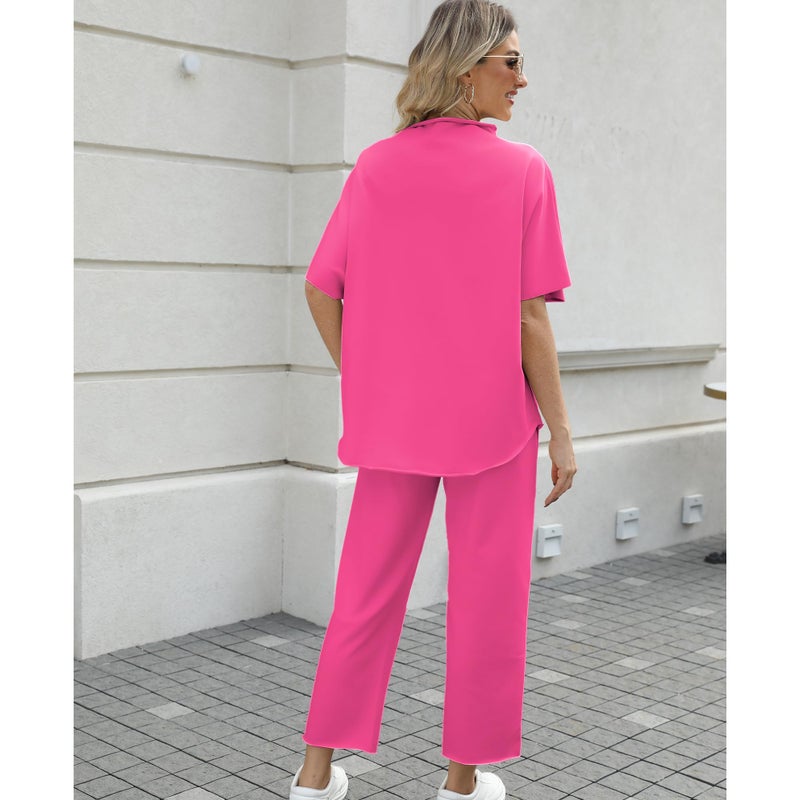 SeeLuNa Women's Two Piece Outfits 3/4 Batwing Sleeve Capelet Crew Neck Pullover Top Wide Leg Pants Lounge Set(Rose-Red,L) - Image 2