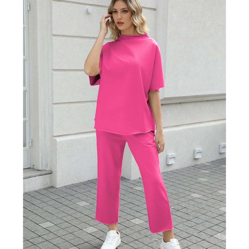 SeeLuNa Women's Two Piece Outfits 3/4 Batwing Sleeve Capelet Crew Neck Pullover Top Wide Leg Pants Lounge Set(Rose-Red,L) - Image 5