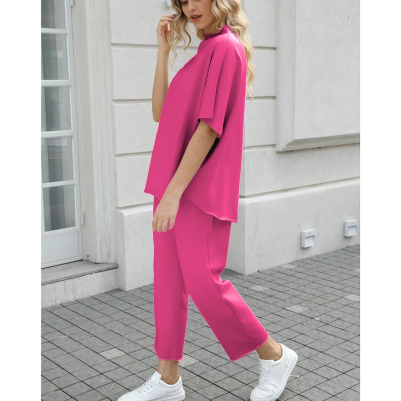 SeeLuNa Women's Two Piece Outfits 3/4 Batwing Sleeve Capelet Crew Neck Pullover Top Wide Leg Pants Lounge Set(Rose-Red,L) - Image 3