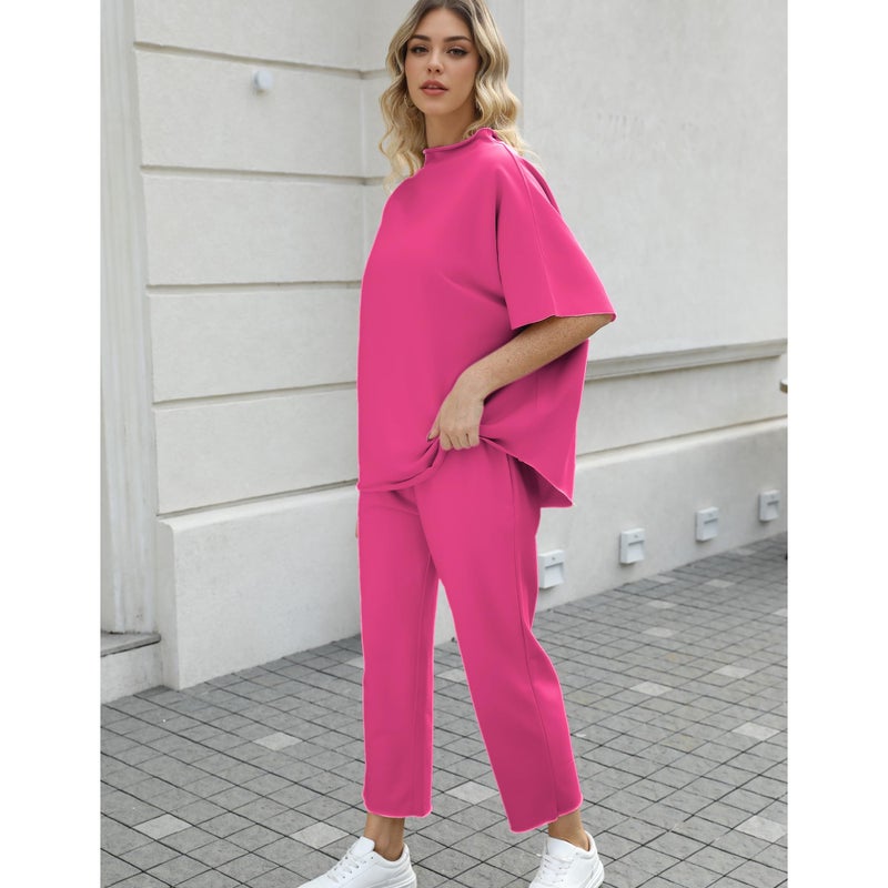 SeeLuNa Women's Two Piece Outfits 3/4 Batwing Sleeve Capelet Crew Neck Pullover Top Wide Leg Pants Lounge Set(Rose-Red,L) - Image 4