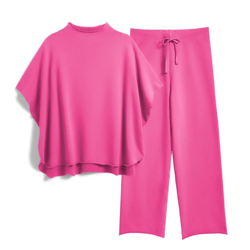 SeeLuNa Women's Two Piece Outfits 3/4 Batwing Sleeve Capelet Crew Neck Pullover Top Wide Leg Pants Lounge Set(Rose-Red,L) - Image 1