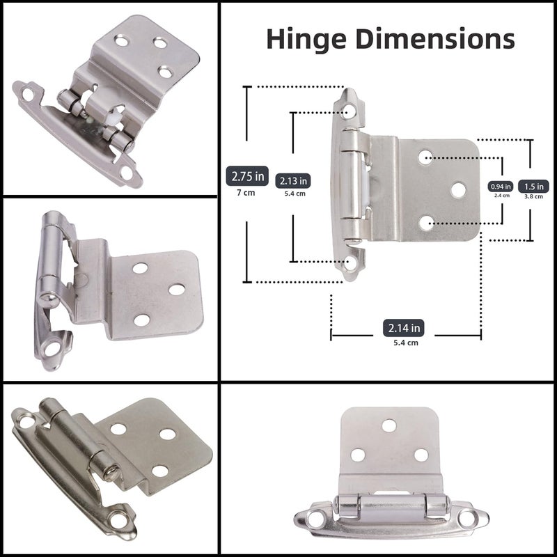 DecoBasics 3/8" Inset Cabinet Hinges Brushed Nickel (25 Pair -50 Pcs) Offset Self Closing Cabinet Hinges for Kitchen Cabinets Satin Nickel w/Silicon Bumpers & Upgraded Screws - Image 4