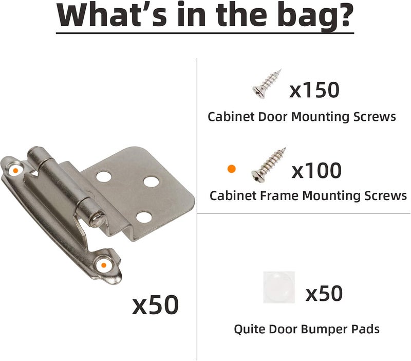 DecoBasics 3/8" Inset Cabinet Hinges Brushed Nickel (25 Pair -50 Pcs) Offset Self Closing Cabinet Hinges for Kitchen Cabinets Satin Nickel w/Silicon Bumpers & Upgraded Screws - Image 5