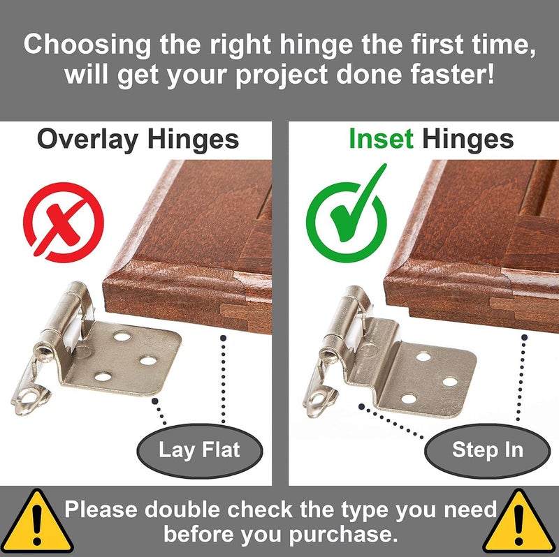 DecoBasics 3/8" Inset Cabinet Hinges Brushed Nickel (25 Pair -50 Pcs) Offset Self Closing Cabinet Hinges for Kitchen Cabinets Satin Nickel w/Silicon Bumpers & Upgraded Screws - Image 3