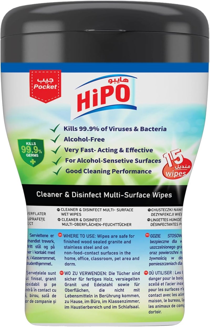 HIPO Cleaner and Disinfectant Multi-Surface 15 Wet Wipes - Image 1
