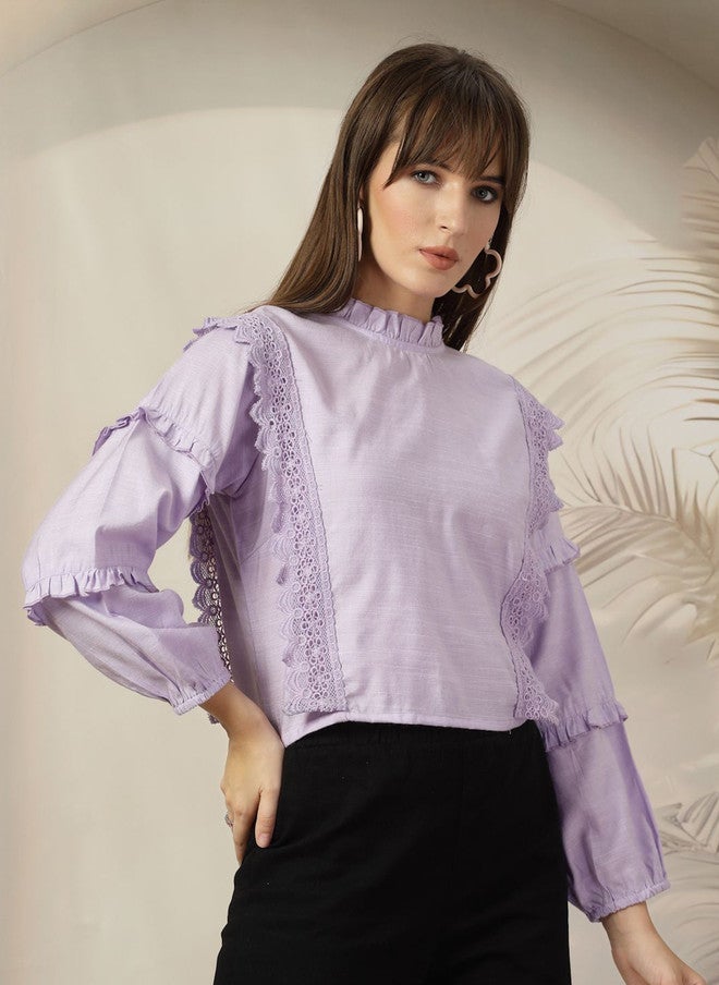 PlusS Lavender High Neck Flared Sleeve Top for Women - Image 3