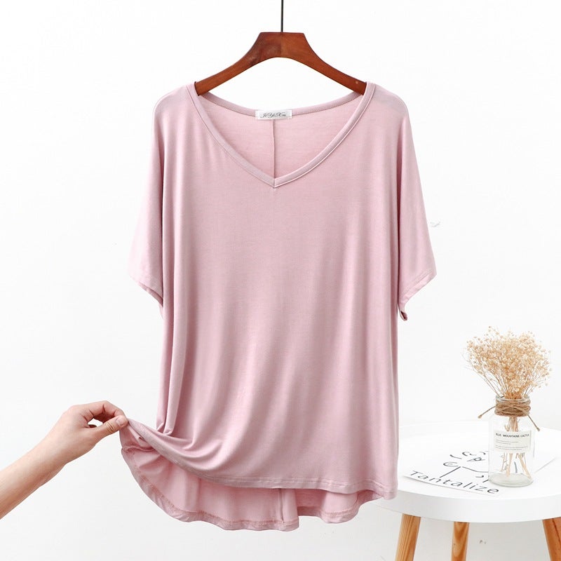 Short Front and Backfield Loose Large Size Modal Short-sleeved T-shirt for Chubby Girls Womens Summer V-neck Solid Color Base Shirt Top Thin Lotus root starch 
