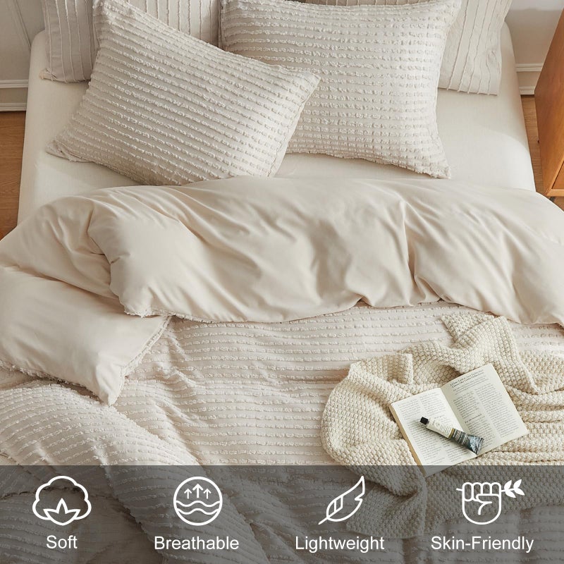 WARMDERN Boho Duvet Cover Set King Size,Khaki Striped Duvet Cover Microfiber Bedding Set,3PCS Ultra Soft Breathable Lightweight Tuft Texture Pattern Duvet Covers with Zipper Closure(Khaki,King) - Image 3
