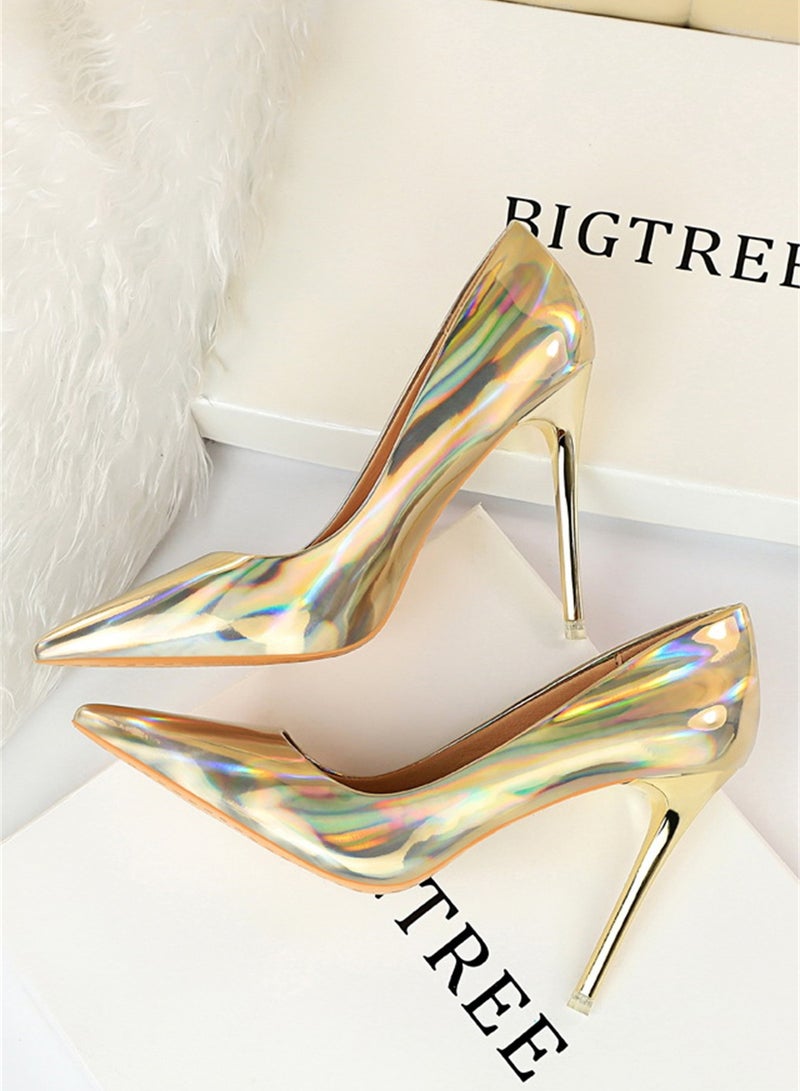 BIGTREE 10.5cm Metal Heels High Heels Bright Patent Leather Shallow Cut Pointed Slim Heels Gold - Image 2