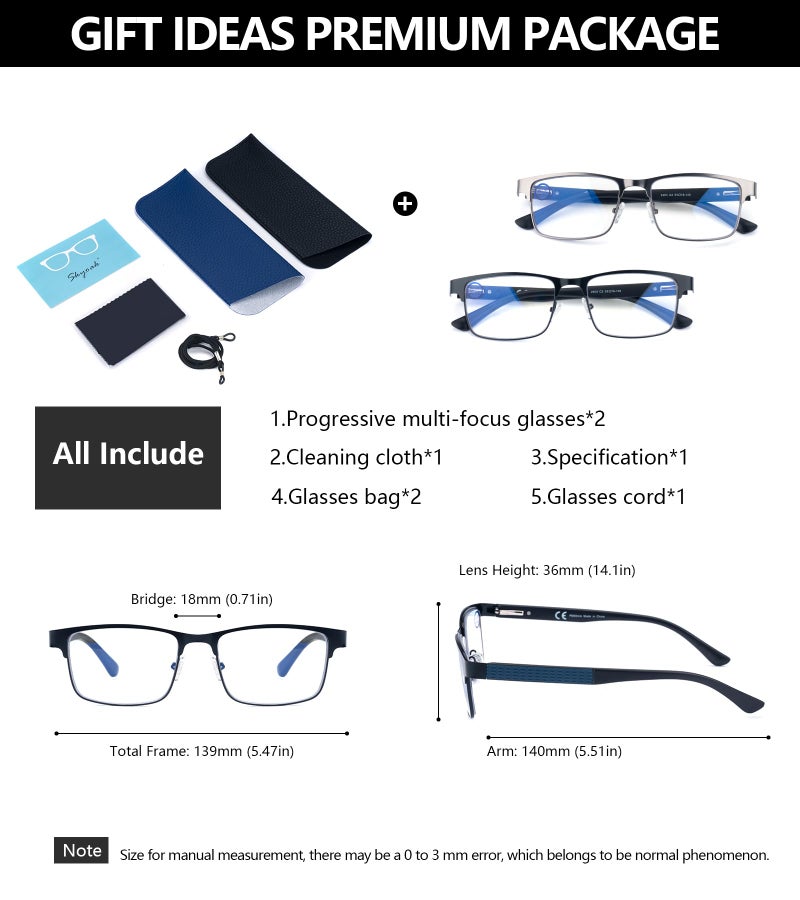 SKYOAK 2 Pack Refined Progressive Multifocus Reading Glasses Men Blue Light Blocking Readers Metal Frame Spring Hinge (Black+Gunmetal, 2.0) - Image 5