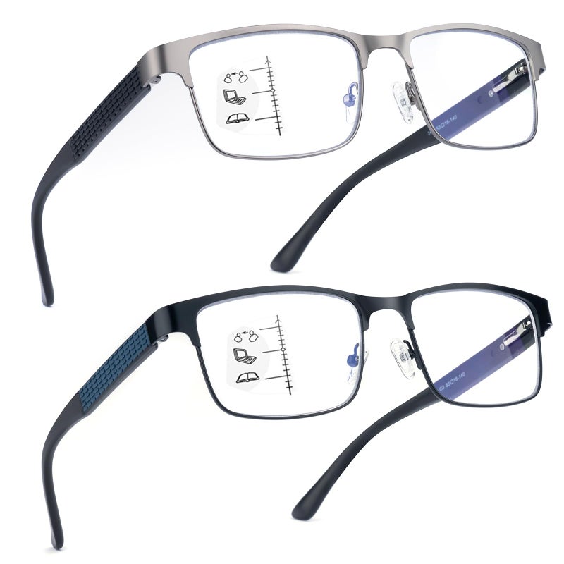 SKYOAK 2 Pack Refined Progressive Multifocus Reading Glasses Men Blue Light Blocking Readers Metal Frame Spring Hinge (Black+Gunmetal, 2.0) - Image 1