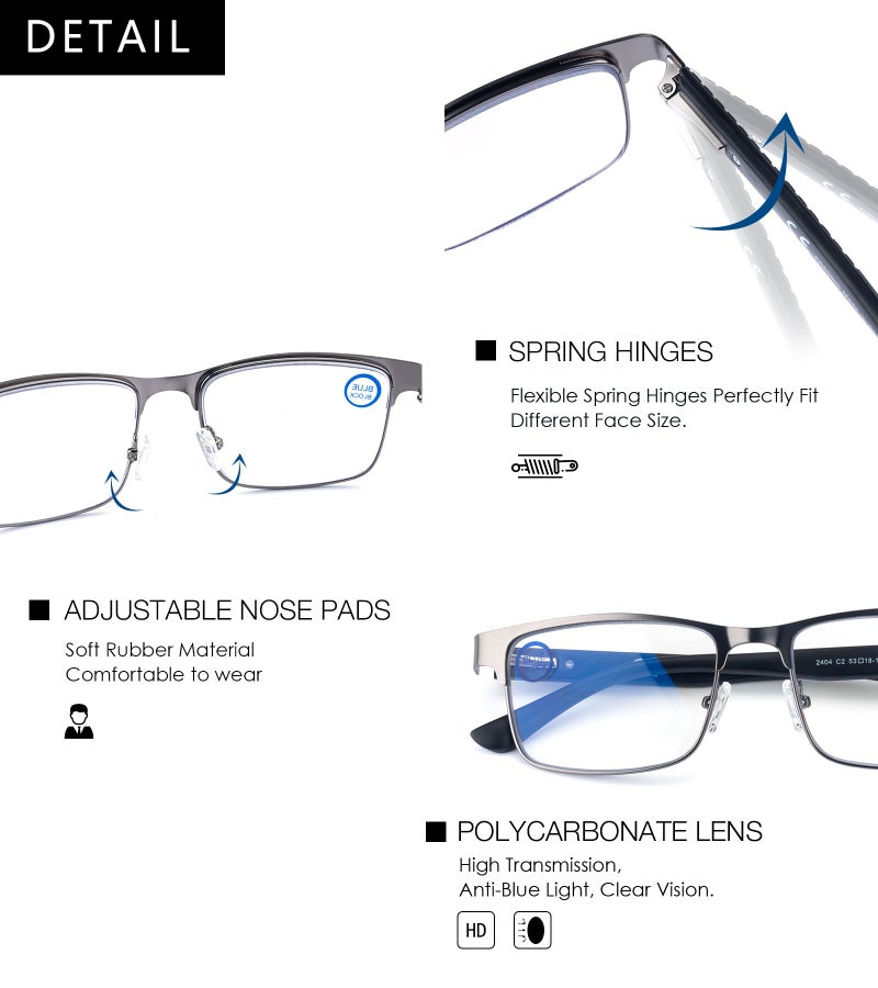 SKYOAK 2 Pack Refined Progressive Multifocus Reading Glasses Men Blue Light Blocking Readers Metal Frame Spring Hinge (Black+Gunmetal, 2.0) - Image 2